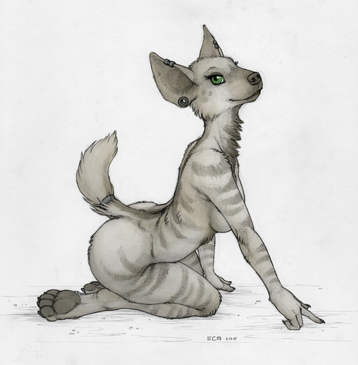 2015 anthro biped breasts butt ear_piercing ecmajor female gauged_ear green_eyes hindpaw hyaenid kneeling looking_at_viewer mammal monochrome nude pawpads paws piercing simple_background smile solo striped_hyena // 888x905 // 805.0KB