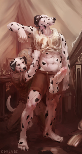 2016 5_fingers 5_toes abs anthro armor balls biceps black_nose bodily_fluids bulge canid canine canis chunie claws clothed clothing dalmatian detailed_background digital_media_(artwork) domestic_dog duo erection feet fingers foreskin fur genital_fluids genitals hi_res hindpaw horizontal_fly humanoid_feet humanoid_genitalia humanoid_penis inside kneeling legwear male malemale mammal muscular muscular_male navel partially_clothed partially_retracted_foreskin paws penis penis_through_fly plantigrade poking_out precum precum_string shirt spots standing toe_claws toes topwear vein veiny_penis white_body white_fur // 687x1280 // 351.0KB