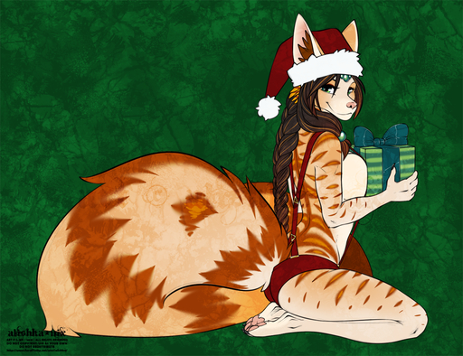 2019 5_fingers alishka anthro big_tail biped braided_hair breast_squish breasts brown_hair canid canine christmas christmas_clothing christmas_headwear clothing digital_media_(artwork) eyebrows eyelashes feet female fingers fluffy fluffy_tail fox green_background green_eyes hair hat headgear headwear holidays kneeling long_hair looking_at_viewer mammal santa_hat simple_background smile solicia solo squish toes // 1280x985 // 1.4MB