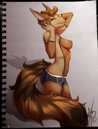 anthro breasts canid canine clothed clothing female hair hi_res looking_at_viewer mammal nipples notebook panties photo skimpy solo topless traditional_media_(artwork) underwear vexstacy // 981x1280 // 198.4KB