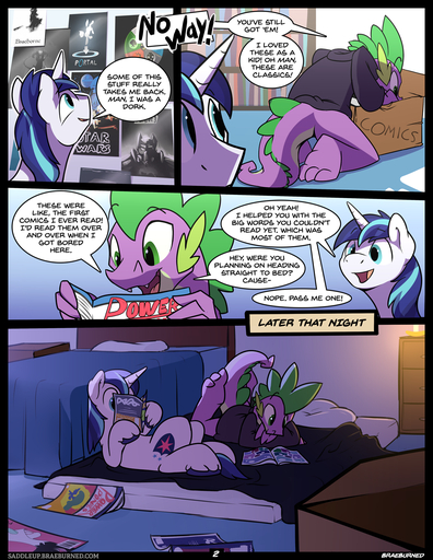 aged_up bed book braeburned candle clothed clothing comic crossover dialogue digital_media_(artwork) dragon duo english_text equid equine furniture hi_res horn horse lying male mammal pillow poster reading scalie shining_armor_(mlp) spike_(mlp) text unicorn url video_games // 1082x1400 // 990.1KB