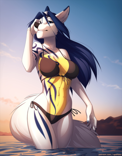 2018 anthro bikini black_nose blue_eyes blue_hair breasts canid canine canis clothed clothing day digital_media_(artwork) domestic_dog female fur hair mammal midriff outside partially_submerged sky solo spefides standing swimwear water white_body white_fur // 707x900 // 585KB