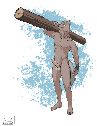 2016 abs anthro armpit_hair athletic athletic_anthro athletic_male balls bandage biped body_hair canid canine canis chunie digital_media_(artwork) erection foreskin front_view full-length_portrait fur genitals hi_res holding_object holding_wood humanoid_genitalia humanoid_penis log looking_at_viewer male mammal nipples nude partially_retracted_foreskin pecs penis portrait simple_background solo standing teeth wolf wood // 984x1280 // 349.9KB