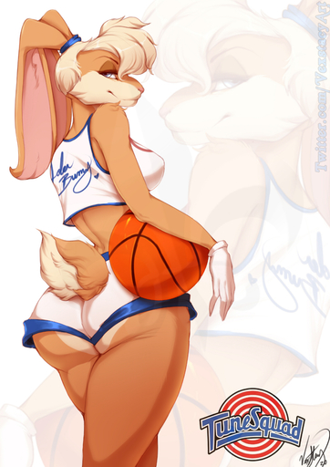 absurd_res anthro ball basketball_(ball) basketball_uniform big_butt blue_clothing bottomwear breasts butt clothing english_text female gloves hair handwear hi_res lagomorph leporid lola_bunny looney_tunes mammal rabbit rear_view shirt shorts smile solo sportswear tank_top text text_on_clothing text_on_shirt text_on_tank_top text_on_topwear topwear uniform vexstacy warner_brothers white_clothing white_gloves // 2480x3507 // 2.9MB