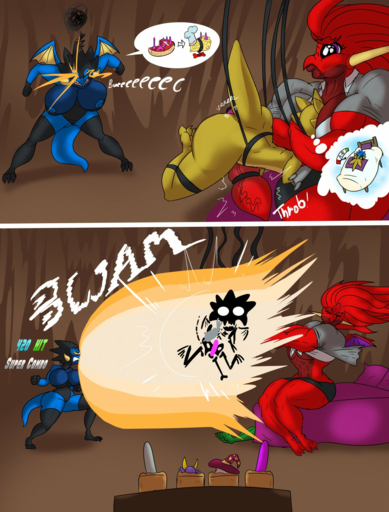 anthro big_breasts blue_body bound breasts clothed clothing comic dragon english_text erection female group hi_res horn huge_breasts male nipples penis scalie sound_effects submissive submissive_male text thebigbadwolf01 // 972x1280 // 1.3MB