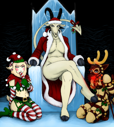 2017 anthro antlers ball_gag baphomet_(deity) bell big_breasts bottomless bovid breasts bulge candy candy_cane caprine caprine_demon chair christmas clothed clothing crossdressing crossed_legs deity demon dessert domestic_cat domestic_sheep eyeliner fake_antlers felid feline felis female food food_fetish furniture gag genital_outline girly goat_demon group hat headgear headwear hi_res hladilnik holidays holly_(plant) horn larger_female looking_at_viewer lucy_(hladilnik) makeup male mammal midriff mistletoe partially_clothed penis_outline plant robe scar sheep size_difference smile spade_tail suggestive suggestive_food throne toothy_grin y_incision // 1280x1422 // 1.7MB