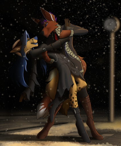 2021 anthro breasts canid canine canis clothed clothing coyote detailed_background digital_media_(artwork) duo female fox hi_res mammal night open_mouth outside smile tales_foxdale teeth tongue // 1000x1205 // 1.1MB