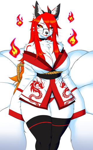 2017 anthro asian_clothing big_breasts black_sclera breasts canid canine cheek_tuft choker cleavage clothed clothing east_asian_clothing eyelashes eyeshadow eyewear facial_tuft fangs female fire fox fox_spirit front_view fur gallar_(nnecgrau) glasses hair hi_res horn japanese_clothing jewelry kimono kitsunebi legwear long_hair looking_at_viewer makeup mammal multi_tail necklace nnecgrau off_shoulder panties portrait pupils red_eyes red_hair simple_background slit_pupils solo standing thigh_highs three-quarter_portrait tuft underwear whiskers white_background white_body white_fur will-o-wisp // 794x1280 // 556.8KB