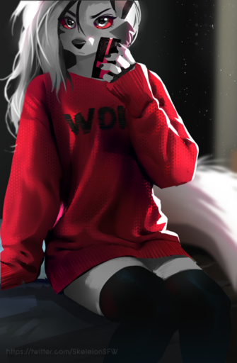 anthro canid canine canis cheek_tuft clothed clothing facial_tuft female fur grey_body grey_fur hair helluva_boss legwear looking_at_viewer loona_(vivzmind) mammal messy_hair red_sclera selfie sitting sitting_on_bed skeleion solo sweater thigh_highs topwear tuft wolf // 705x1078 // 616.3KB