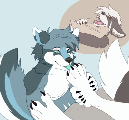 animated anthro blue_body bodily_fluids brown_body claws duo eyes_closed feet fluffy fluffy_tail foot_fetish foot_lick foot_play giggle licking lying mituni_(artist) saliva short_playtime teeth tongue tongue_out // 1000x934 // 982.7KB