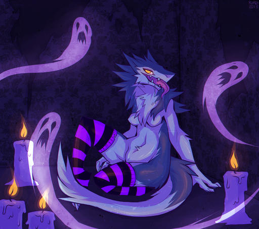 bodily_fluids breasts candle claws clothing drooling fangs female fen_seiyu fire fur ghost glowing hair halloween hi_res holidays kuroiii legwear mammal open_mouth saliva sergal spirit stockings teeth tongue tongue_out yellow_eyes // 1600x1417 // 3.0MB