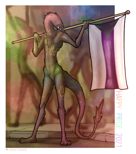 3_toes 4_fingers alien ambiguous_gender anthro colorful colorful_background demisexual_pride_colors feet fingers flag flagpole hand_print hi_res holding_flag holding_object lgbt_pride markings paint parade pose pride_colors scruffythedeer solo squellac squirmly_(scruffythedeer) toes // 1810x2049 // 4.6MB