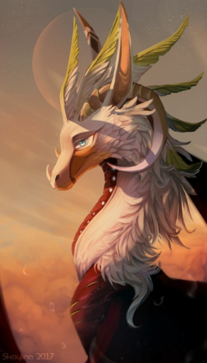2017 ambiguous_gender blue_eyes curved_horn detailed_background dragon dusk feral fur furred_dragon hair horn outside skaydie sky smile solo star starry_sky white_hair // 599x1051 // 615.7KB