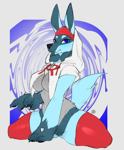 anthro avante92 big_forearms biped bottomless breasts canid cleavage clothed clothing costume female forearms genitals hi_res hoodie looking_at_viewer lucario mammal partial_nudity pokemon_(species) pussy solo text text_on_clothing text_on_hoodie text_on_topwear topwear video_games // 1686x2042 // 286.9KB