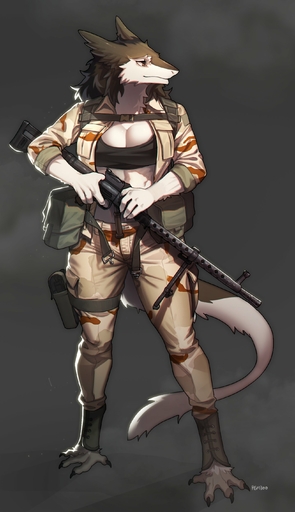 2021 absurd_res anthro barefoot breasts camo chromatic_aberration digital_media_(artwork) feet female gun hi_res machine_gun military pgm300 pouches ranged_weapon sergal shaded simple_background solo standing weapon // 1642x2851 // 303.1KB