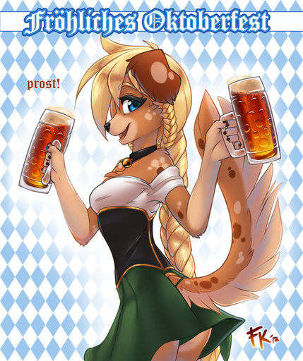 2018 alcohol anthro bare_shoulders barmaid beer beverage black_nose blonde_hair blue_eyes braided_hair canid canine canis clothed clothing digital_media_(artwork) dirndl domestic_dog female floppy_ears fluff-kevlar furgonomics german_text hair long_hair mammal oktoberfest pattern_background signature simple_background smile solo spots text translated upskirt zofie // 904x1079 // 940.8KB