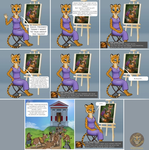 absurd_res annoyed anthro canid canine cheetah clothing comic commentary dialogue drawing drawing_in_a_drawing drawing_table dress duo english_text felid feline female fox fur hi_res julia_(vestina) male mammal purple_clothing purple_dress simple_background spots spotted_body spotted_fur text vestina watermark // 5400x5423 // 2.3MB