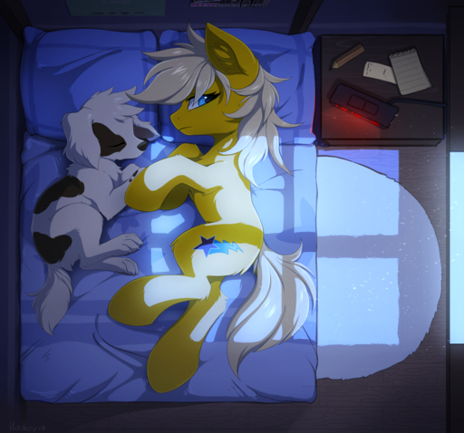 2017 ambiguous_gender bed black_nose blue_eyes canid canine canis cutie_mark detailed_background domestic_dog duo equid eyelashes fan_character female feral fur furniture hioshiru hooves inner_ear_fluff inside mammal night on_bed paws tuft white_body white_fur yellow_body yellow_fur // 1280x1195 // 1.2MB