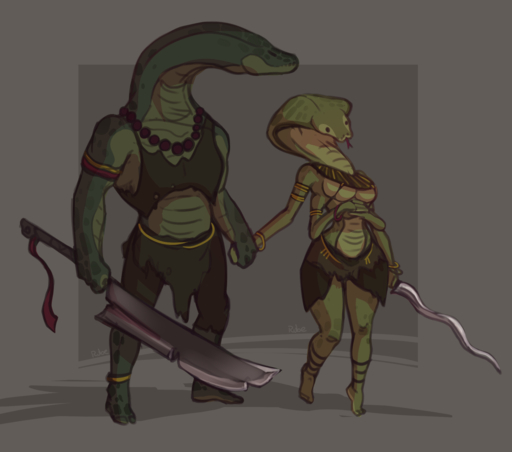 4_arms anthro armlet barefoot breasts clothing digital_media_(artwork) feet female forked_tongue green_body green_scales hand_holding hi_res jewelry male manserpent melee_weapon multi_arm multi_limb necklace non-mammal_breasts reptile rube scales scalie serpent_mage shaded size_difference snake sword thick_thighs tongue tongue_out under_boob video_games weapon wide_hips // 1600x1413 // 637.8KB