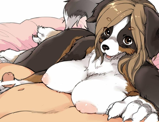 anthro bernese_mountain_dog big_breasts black_body black_fur black_nose blush breast_rest breasts brown_body brown_eyes brown_fur brown_hair canid canine canis censored claws digital_media_(artwork) domestic_dog duo faceless_character faceless_male female first_person_view fur genitals hair handjob human human_on_anthro humanoid_genitalia humanoid_penis interspecies kemono kikurage long_hair looking_at_viewer lying male malefemale male_pov mammal molosser mountain_dog multicolored_body multicolored_fur nipples nude on_side open_mouth penile penis sex small_penis swiss_mountain_dog white_body white_fur // 865x666 // 80.2KB