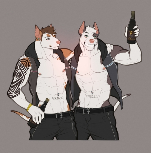 abel_farley abs alcohol beer beverage brother brothers bull_terrier cain_farley canid canine canis clothing domestic_dog duo ear_piercing hi_res hoodie hunting_dog male mammal markings muscular nipple_piercing nipples piercing roman_numeral sibling spearfrost tattoo terrier topwear // 1265x1280 // 226.0KB