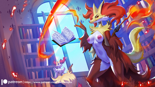 2021 5_fingers alanscampos anthro areola bookshelf braixen breasts delphox detailed_background digital_media_(artwork) duo eyebrows female fingers furniture genitals hi_res inside nipples pokemon_(species) pussy red_eyes solo_focus text url video_games // 1800x1013 // 1.3MB