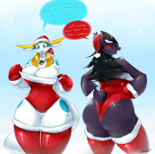 2015 5_fingers absurd_res aijou alien anthro averyshadydolphin big_breasts big_butt black_hair blonde_hair blue_markings breasts butt christmas cleavage clothed clothing curvy_figure digital_media_(artwork) dragon duo english_text erect_nipples eyebrows female fingers gloves hair handwear hat headgear headwear hi_res holidays huge_breasts jou legwear markings nipples non-mammal_breasts red_markings simple_background text thick_thighs thigh_gap thigh_highs voluptuous yaojou // 2728x2700 // 4.1MB