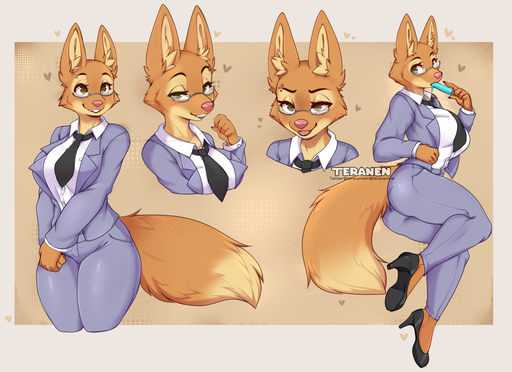 anthro big_breasts border breasts canid canine clothed clothing conditional_dnp diane_foxington eyewear female fox fully_clothed glasses high_heels looking_at_viewer mammal necktie orange_body orange_border popsicle_in_mouth popsicle_melting suit teranen // 1238x900 // 732.5KB