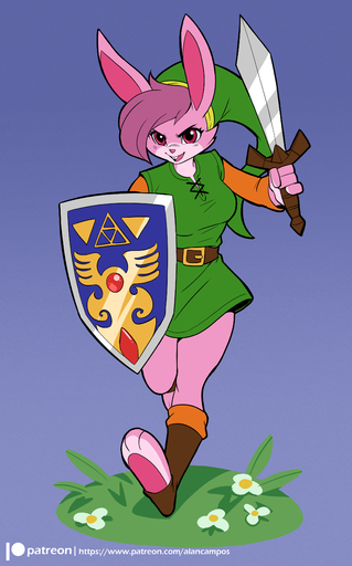absurd_res alanscampos anthro belt breasts clothed clothing eyebrows eyelashes female fur green_clothing hair hat headgear headwear hi_res lagomorph leporid link mammal melee_weapon open_mouth pink_body pink_fur pink_hair rabbit shield solo sword toeless_legwear video_games weapon // 2441x3914 // 2.5MB