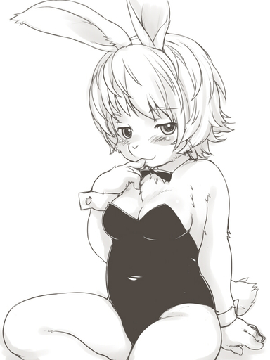 3:4 anthro big_breasts biped blush bow_tie breasts bunny_costume clothing costume digital_media_(artwork) female finger_on_mouth fur hair kikurage lagomorph leporid lingerie long_ears looking_at_viewer mammal monochrome rabbit shaded shirt_cuffs short_hair simple_background sitting sketch solo teddy_(clothing) white_background // 600x800 // 101.0KB
