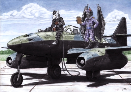 aircraft airplane anthro canid canine canis cloud duo german hybrid jet luftwaffe male mammal me_262 mechanic membrane_(anatomy) membranous_wings messerschmitt nazi outside refueling sergal simul sky wings wolf // 1200x842 // 1.4MB