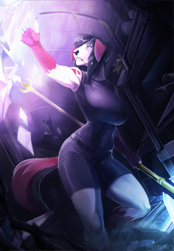 4_toes 5_fingers anthro big_breasts black_hair breasts canid canine canis clothed clothing detailed_background digital_media_(artwork) domestic_dog feet female fingers hair hi_res mammal mindmachine solo toes // 1400x2015 // 7.7MB