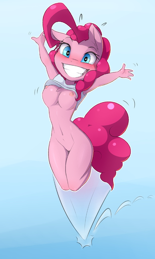 2017 3:5 absurd_res anthro anthrofied blush bottomless breasts clothed clothing earth_pony equid equine female friendship_is_magic hair hasbro hi_res horse looking_at_viewer mammal my_little_pony nipples pink_hair pinkie_pie_(mlp) pony pudgeruffian solo // 1800x3000 // 1.5MB
