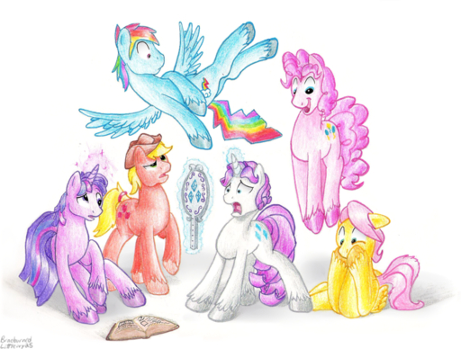 applejack_(mlp) blonde_hair blue_body blue_feathers blue_fur book braeburned clothing colored_pencil_(artwork) cowboy_hat crossgender cutie_mark earth_pony equid equine feathered_wings feathers feral fluttershy_(mlp) flying ftm_crossgender fur group hair hat headgear headwear horn horse male mammal mirror multicolored_hair multicolored_tail open_mouth orange_body orange_fur pegasus pink_body pink_fur pink_hair pinkie_pie_(mlp) pony purple_body purple_fur purple_hair rainbow_dash_(mlp) rainbow_hair rainbow_tail rarity_(mlp) simple_background traditional_media_(artwork) twilight_sparkle_(mlp) two_tone_hair unicorn white_body white_fur wings yellow_body yellow_feathers yellow_fur // 1280x970 // 1.4MB