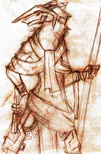 2016 5_fingers ambiguous_gender anthro armor biped bracelet clothed clothing fingers graphite_(artwork) headgear helmet hi_res holding_object holding_weapon jewelry looking_back melee_weapon monochrome navel partially_clothed pencil_(artwork) polearm portrait schizy sergal side_view simple_background solo spear standing three-quarter_portrait traditional_media_(artwork) weapon white_background // 841x1280 // 630.4KB