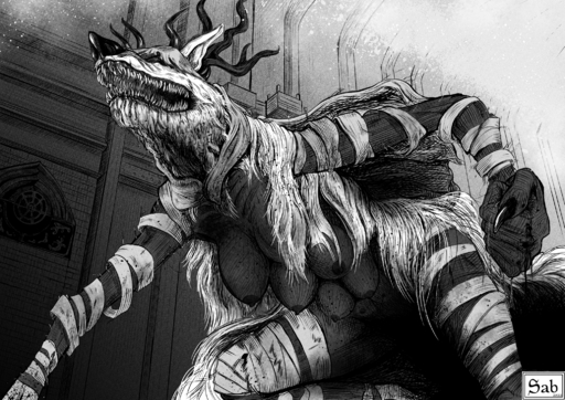 all_fours anthro antlers bandaged_arm bandaged_leg beast_(bloodborne) breasts claws female finger_claws fur hi_res horn line_art long_fur low-angle_view mammal monochrome monster multi_breast nipples sabrotiger sharp_teeth solo teeth vicar_amelia_(bloodborne) video_games // 2039x1440 // 5.2MB