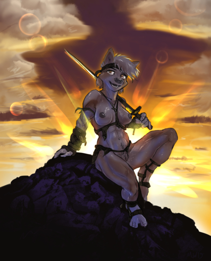 abs accessory anthro athletic bandage biceps bodily_fluids breasts canid canine canis clothed clothing cross female headband hi_res jewelry leather legwear mammal marsonaut melee_weapon muscular muscular_female necklace nude pubes skimpy smile sunset sweat sword thong torn_clothing tuft underwear warrior weapon wolf wraps // 1036x1280 // 1.2MB