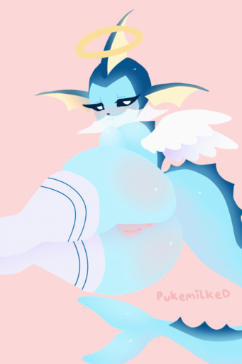 2:3 angel animated anthro anus clothing eeveelution feathered_wings feathers female footwear genitals halo hi_res legwear pokemon_(species) pukemilked pussy short_playtime smile socks solo stockings thigh_highs thigh_socks vaporeon video_games wings // 800x1200 // 9.3MB