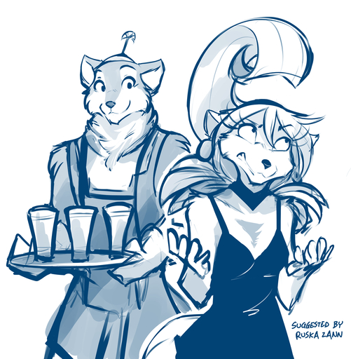 2020 anthro blue_and_white brutus_(twokinds) canid canine canis clenched_teeth clothed clothing clovis_(twokinds) conditional_dnp cosplay crossgender disney dress duo female fox glass hat headgear headwear hi_res holding_object hybrid keidran kronk looking_up male mammal monochrome mtf_crossgender simple_background sketch smile teeth the_emperor's_new_groove tom_fischbach tray twokinds webcomic webcomic_character white_background wolf yzma // 1198x1224 // 660.1KB