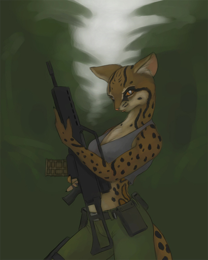 4:5 abstract_background ammunition anthro assault_rifle brown_eyes brown_hair felid feline female gun hair holding_gun holding_object holding_weapon ipoke jungle leopardus mammal military ocelot outside ranged_weapon rifle solo weapon // 720x900 // 216.9KB