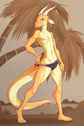 anthro biped bulge caninelove chibitakumi clothing digital_media_(artwork) dragon hi_res horn looking_at_viewer male outside red_eyes scalie shaded slim solo standing underwear yellow_body // 853x1280 // 164.3KB