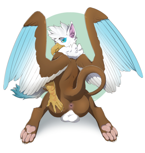 anthro anus avian backsack balls biped brown_body brown_fur butt cracked_beak feathers fur genitals girly green_eyes gryphon hi_res kneeling looking_at_viewer looking_back male mythological_avian nude patto solo white_body white_feathers wings // 1216x1280 // 775.2KB