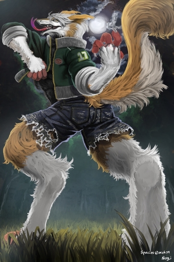 2:3 anthro claws clothed clothing cloud digitigrade forked_tongue fur hi_res johnsergal_(character) male mammal moon multicolored_body multicolored_fur nogi outside plant sergal sky solo teeth tongue tongue_out transformation tree were yellow_eyes // 800x1200 // 258.2KB