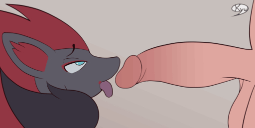 animated anthro bodily_fluids duo female fur genitals grey_body grey_fur hair inner_ear_fluff kyuq licking male malefemale oral penile penis penis_lick pokemon_(species) red_hair saliva saliva_string sex short_playtime tongue tongue_out tuft video_games zoroark // 560x281 // 174.6KB