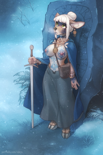 2017 2:3 5_fingers anthro areola biped breasts casual_exposure celtic cervid clothing digital_media_(artwork) ear_piercing female fingers grass green_eyes hair hi_res holding_object holding_sword holding_weapon hooves ineffective_clothing iskra mammal melee_weapon menhir monolith navel nipples norse norse_runes piercing plant runes solo standing standing_stone sword tattoo text url weapon white_hair // 800x1200 // 1.8MB