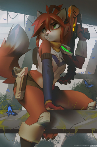accessory ammo_belt anthro arthropod butterfly canid canine female fox gun hair_accessory hair_ribbon handgun insect lepidopteran mammal midriff miles_df moss nora_leslie pistol plant ranged_weapon ribbons solo weapon // 633x950 // 540.8KB