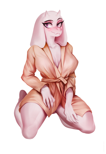 2022 anthro bathrobe blush boss_monster bovid breasts caprine cleavage clothed clothing female fur goat hi_res horn johnfoxart kneeling looking_aside mammal mature_anthro mature_female purple_eyes robe simple_background solo thick_thighs toriel video_games white_background white_body white_fur // 881x1280 // 656.1KB