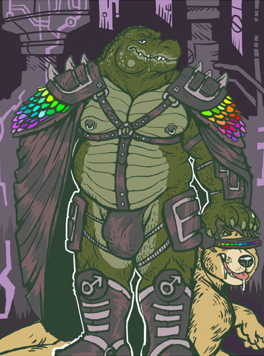 alligator alligatorid anthro anthro_on_anthro armor belly biceps big_dom_small_sub big_muscles bodily_fluids boots bulge cape clothing crocodilian dominant dramamine drooling duo fangs footwear fur gender_symbol harness hypnotic_clothing hypnotic_visor khorax leather looking_at_viewer lying male male_symbol mammal mind_control musclegut muscular muscular_male nipple_piercing nipples overweight pecs piercing pose rainbow reptile saliva scalie size_difference slave spikes submissive submissive_male symbol teeth thong underwear ursid visor yellow_body yellow_fur // 677x910 // 586.0KB