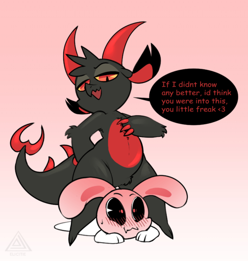 2021 absurd_res ambiguous_gender black_body blush claws crotch_tuft digital_media_(artwork) dragon duo elicitie english_text featureless_crotch fwench_fwy_(chikn_nuggit) hi_res horn humor iscream_(chikn_nuggit) lagomorph leporid mammal meme nonbinary_(lore) on_top open_mouth pinup pose rabbit simple_background smile text thick_thighs tuft white_body // 3170x3338 // 1.2MB
