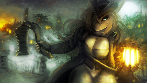 16:9 anthro big_breasts blue_eyes breasts dragon female general-irrelevant holding_object holding_weapon looking_at_viewer looking_back looking_back_at_viewer smile solo video_games weapon widescreen // 1440x810 // 1.6MB